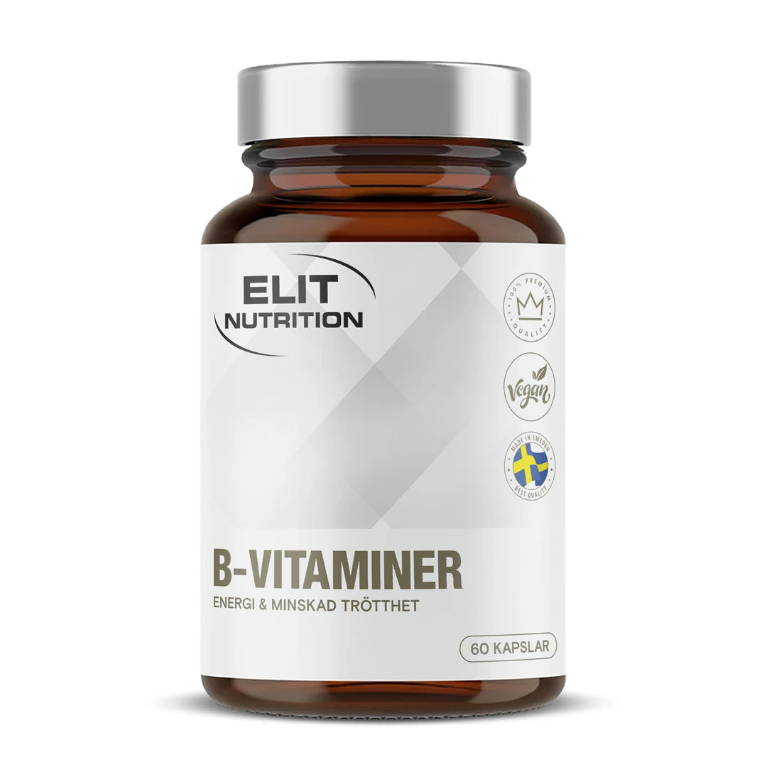 Elit Nutrition B-Complex 60 caps ruskeassa muovipurkissa, jossa on hopeinen kansi ja valkoinen etiketti.