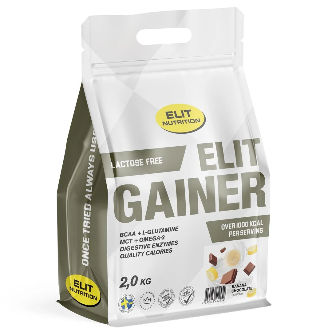 Elit Nutrition Gainer Lactose Free 2 kg -laktoositon gainer-jauhe valkoisessa pussissa, makuna Banana Chocolate.