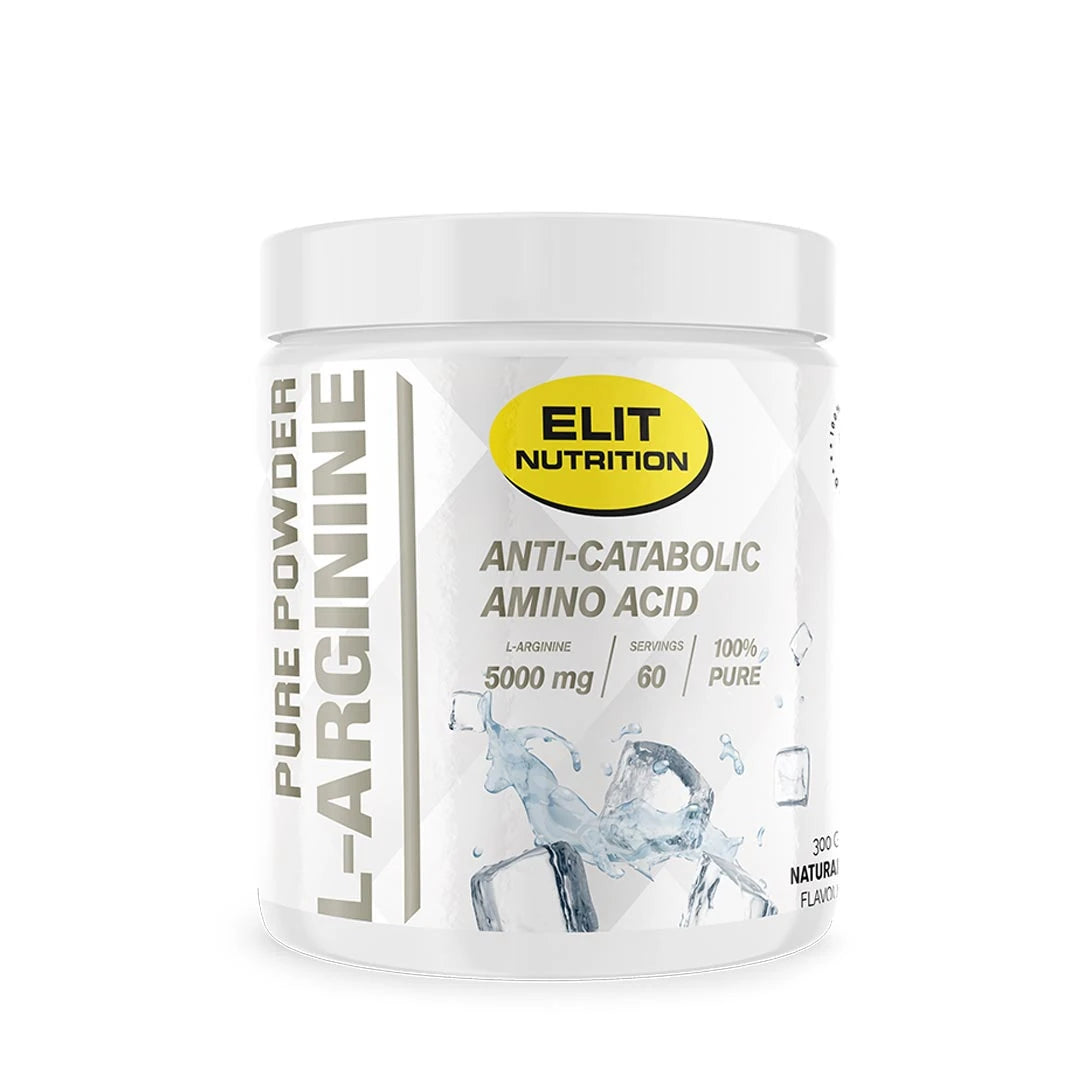 Elit Nutrition 100% L-arginine 300 g valkoisessa purkissa, jossa on keltaisia ja harmaita yksityiskohtia.