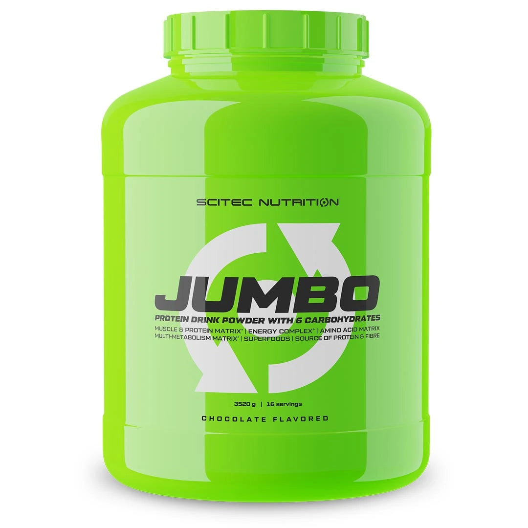 Scitec Nutrition Jumbo 3.52 kg -gainer suuressa neonvihreässä purkissa, makuna suklaa.
