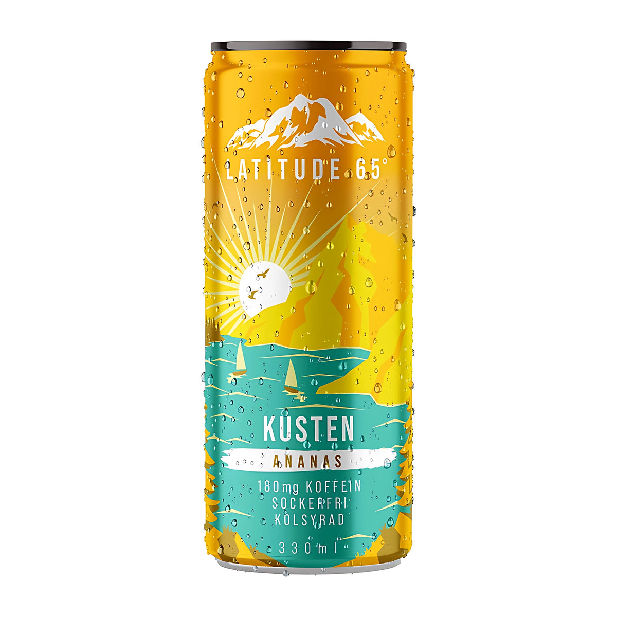 Latitude 65 330 ml -energiajuoma keltaisessa ja turkoosissa tölkissä vesipisaroilla, makuna Kusten Ananas., kuva 3/20