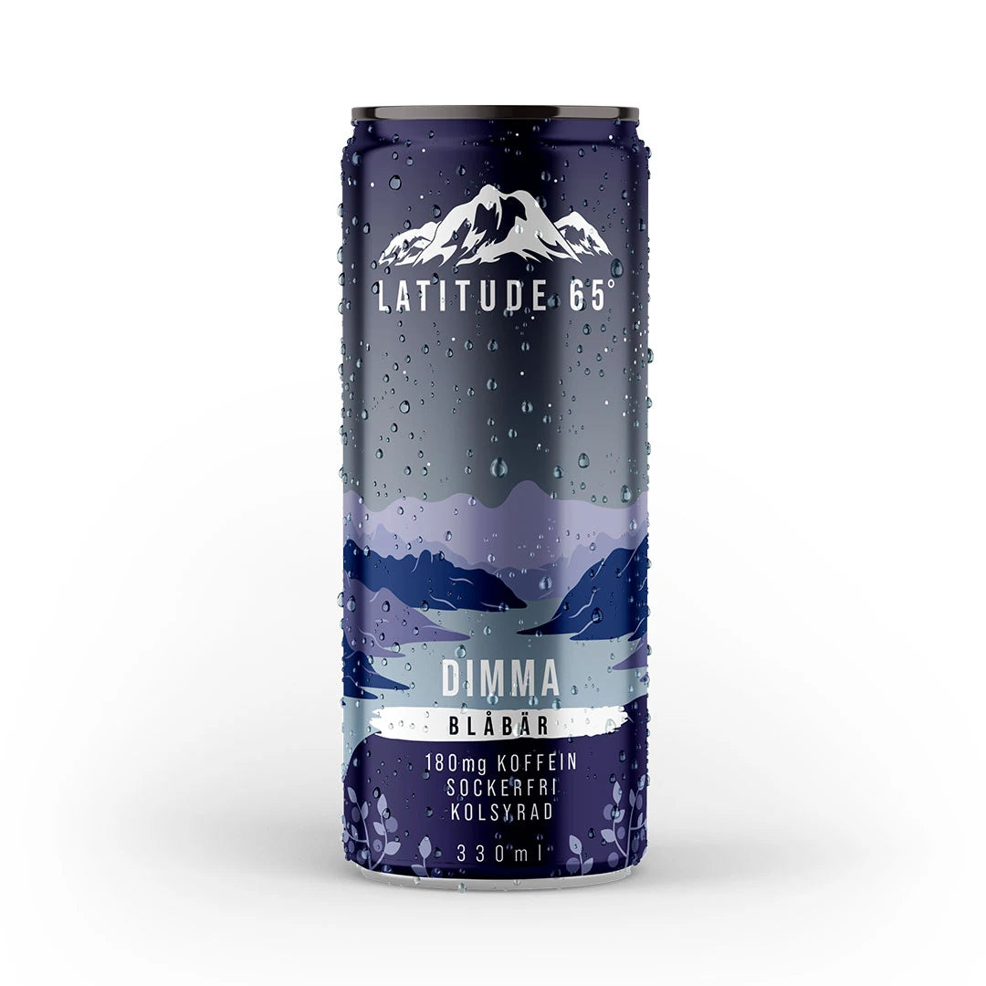 Latitude 65 330 ml hiilihapotettu juoma tummansinisessä tölkissä tunturimotiivilla, makuna mustikka., kuva 3/20