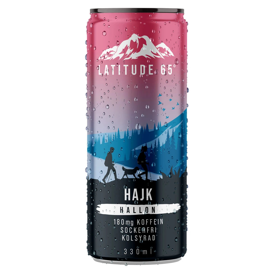 Latitude 65 330 ml hiilihapotettu juoma vaaleanpunaisessa ja sinisessä luontoaiheisessa tölkissä, makuna Hajk Hallon., kuva 20/20
