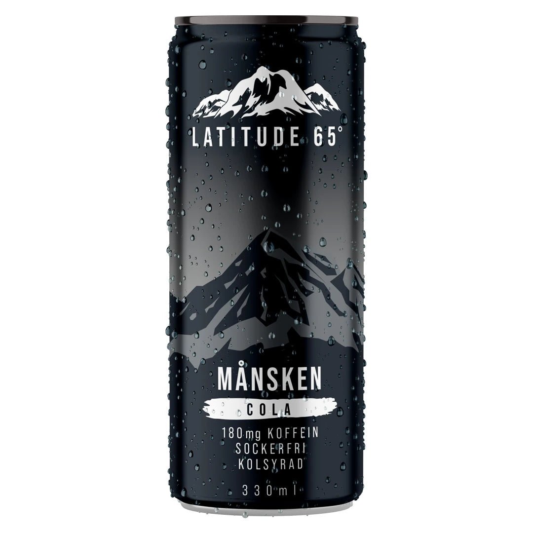 Latitude 65 330 ml Månsken Cola mustassa tölkissä, jossa on harmaa tunturikuvio ja vesipisaroita., kuva 4/20