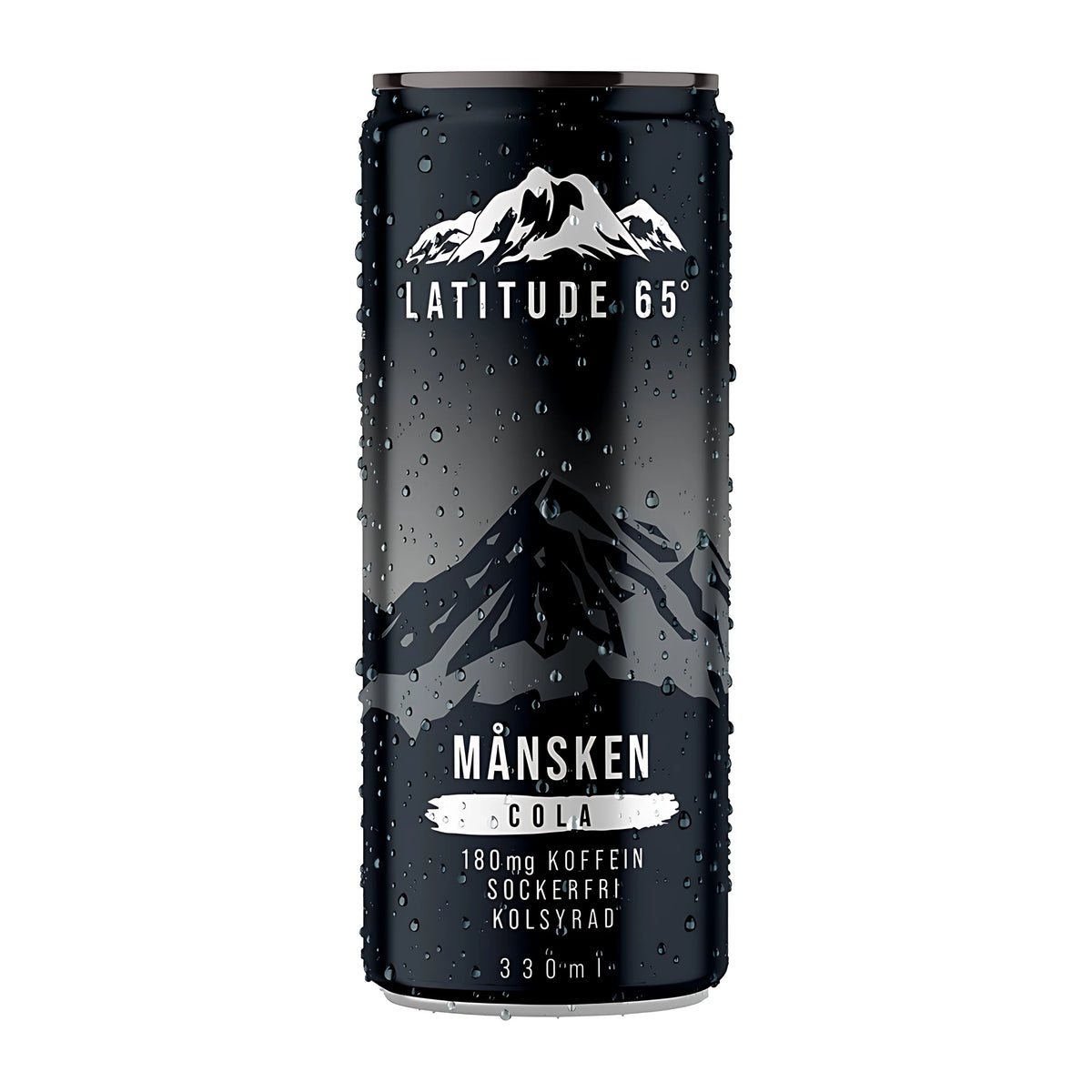 Latitude 65 330 ml mustassa tölkissä, jossa on vesipisaroita ja vuorikuvio, makuna Månsken Cola., kuva 4/20