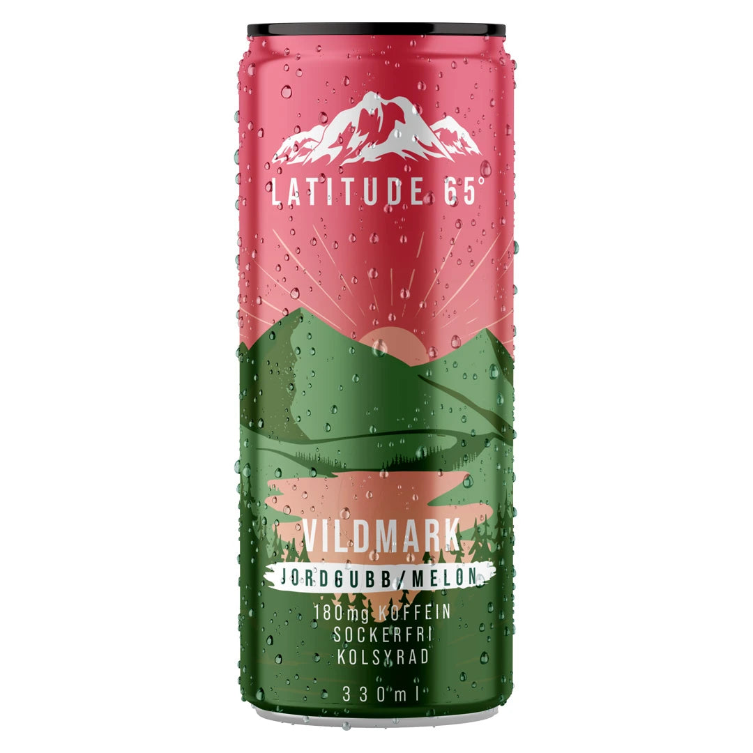 Latitude 65 330 ml -hiilihappojuoma vaaleanpunaisessa ja vihreässä tölkissä vesipisaroilla, makuna Mansikka-Meloni., kuva 8/20