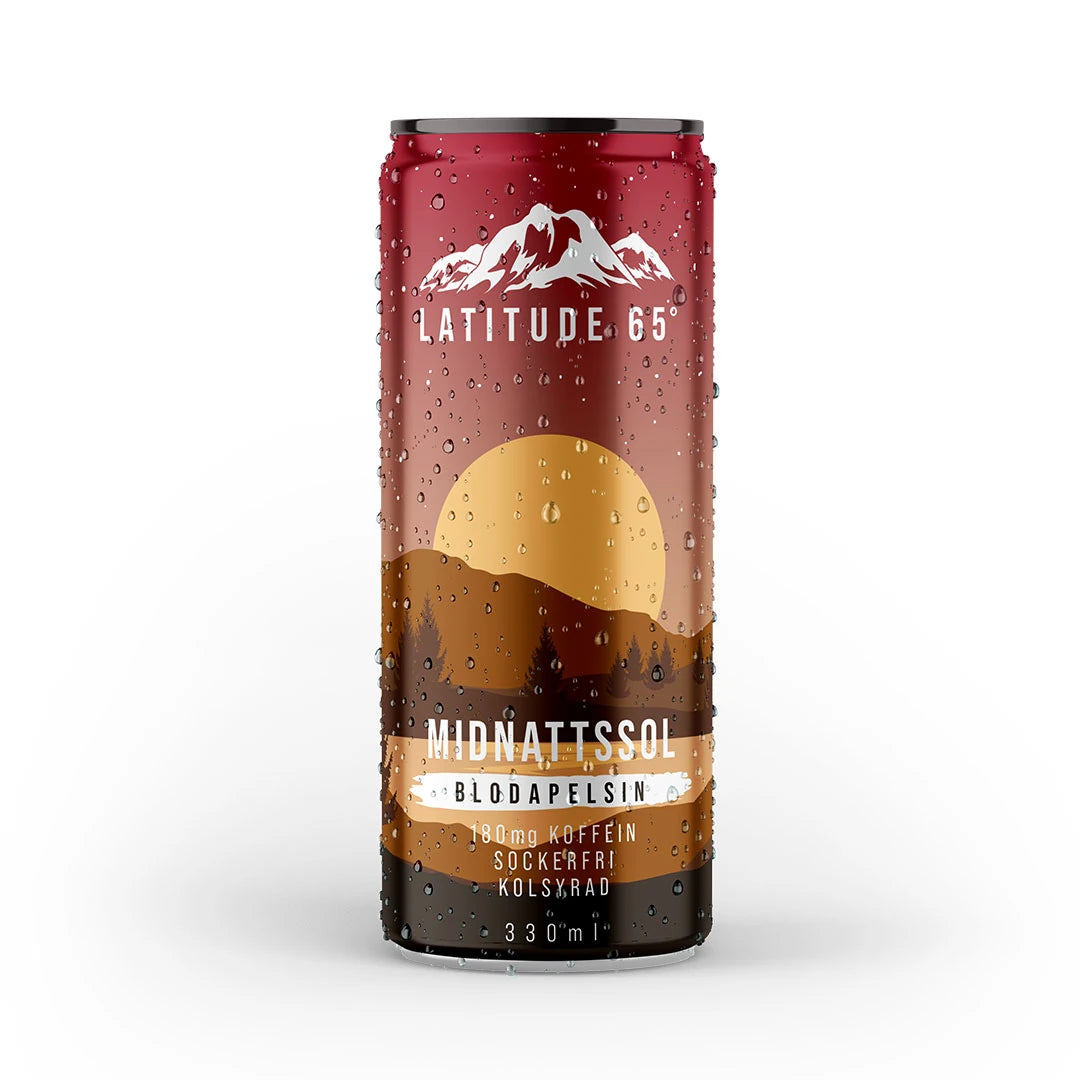 Latitude 65 330 ml hiilihapotettu juoma tummanpunaisessa luontoaiheisessa tölkissä, makuna Keskiyön aurinko veriappelsiini.