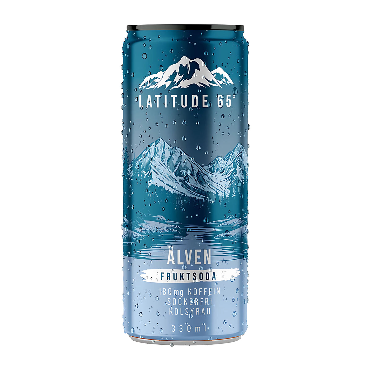 Latitude 65 330 ml -hiilihapotettu juoma sinisessä tölkissä vesipisaroilla, makuna Älven Fruktsoda., kuva 5/20