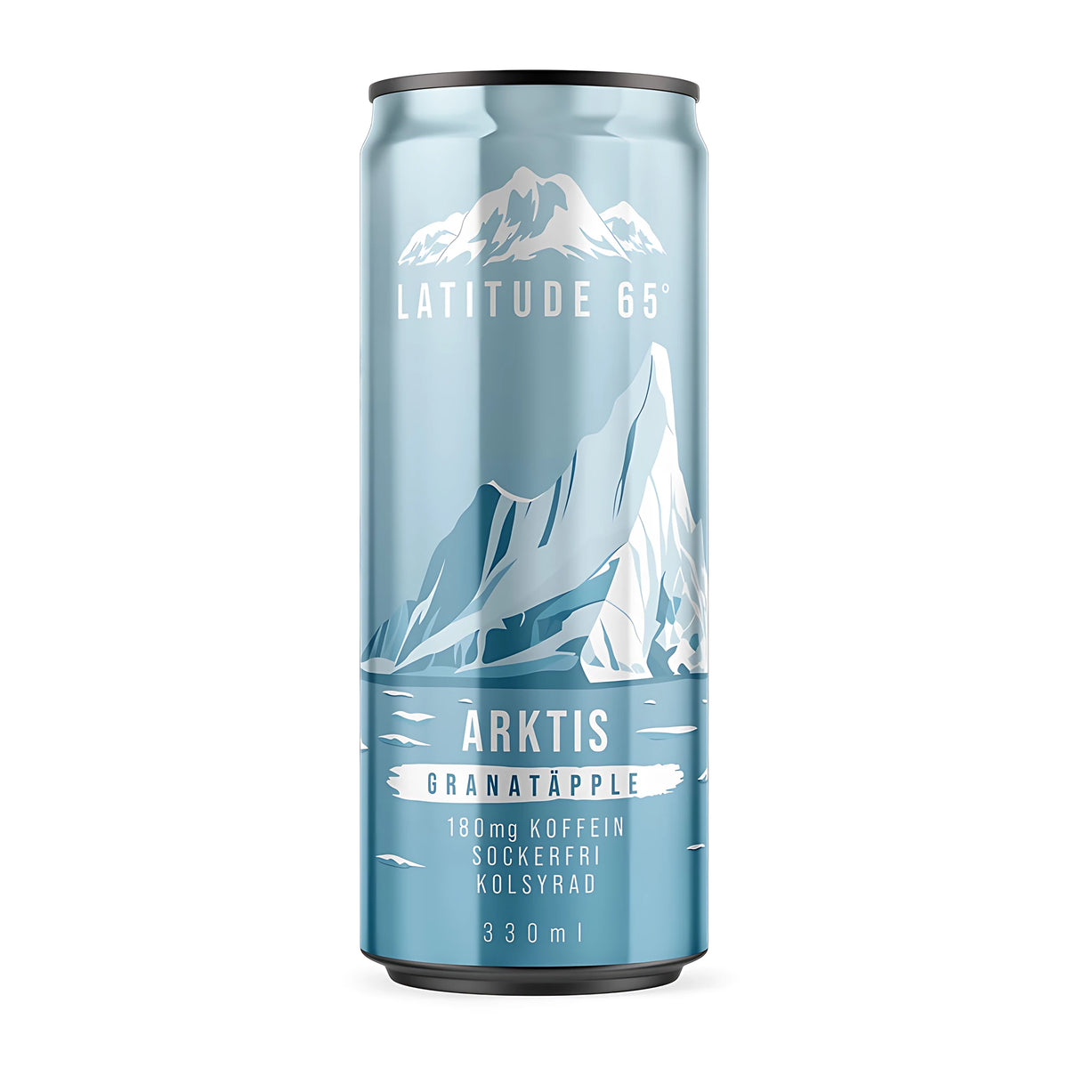 Latitude 65 330 ml -energiajuoma vaaleansinisessä tölkissä jäävuorikuviolla, makuna Arktis Granatäpple., kuva 6/20