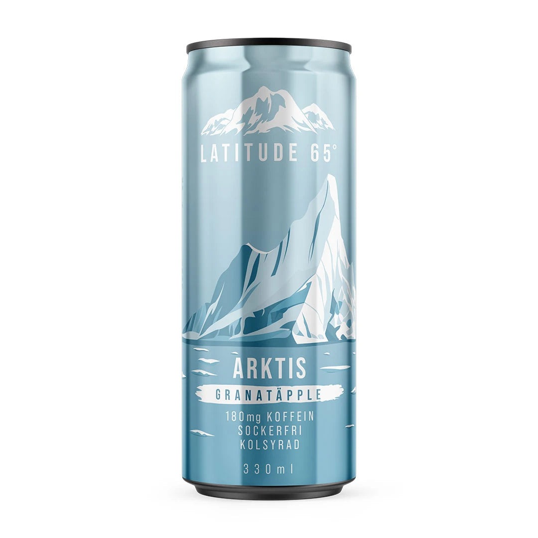 Latitude 65 330 ml hiilihapotettu juoma vaaleansinisessä tölkissä jäävuorikuviolla, makuna Arktis Granaattiomena., kuva 11/20