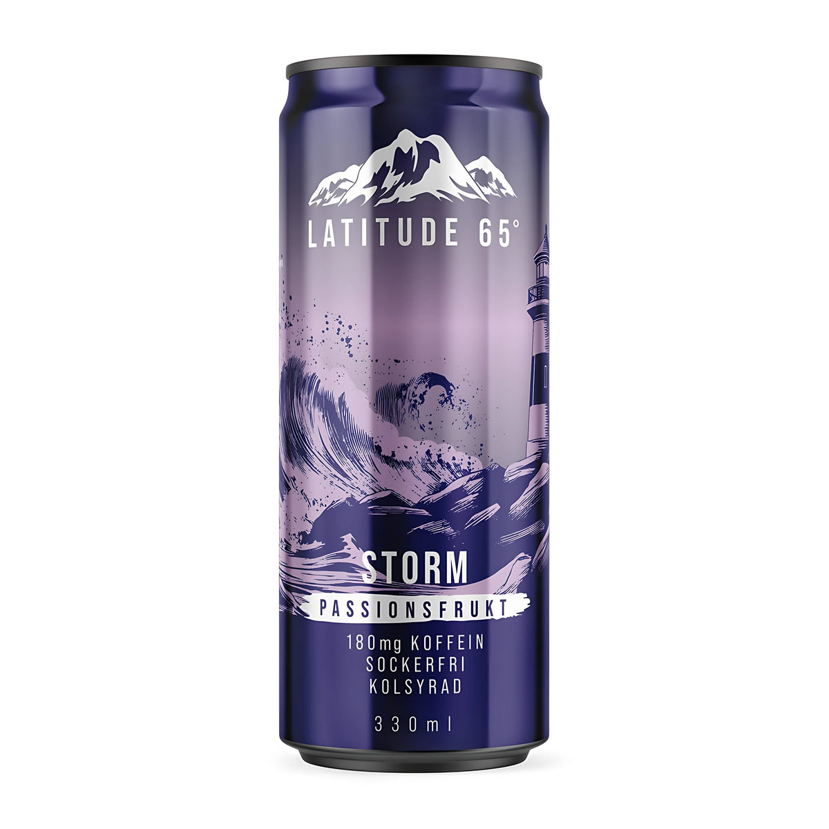 Latitude 65 330 ml -energiajuoma violetissa tölkissä meriaiheisella kuvituksella, makuna Storm Passionsfrukt., kuva 7/20