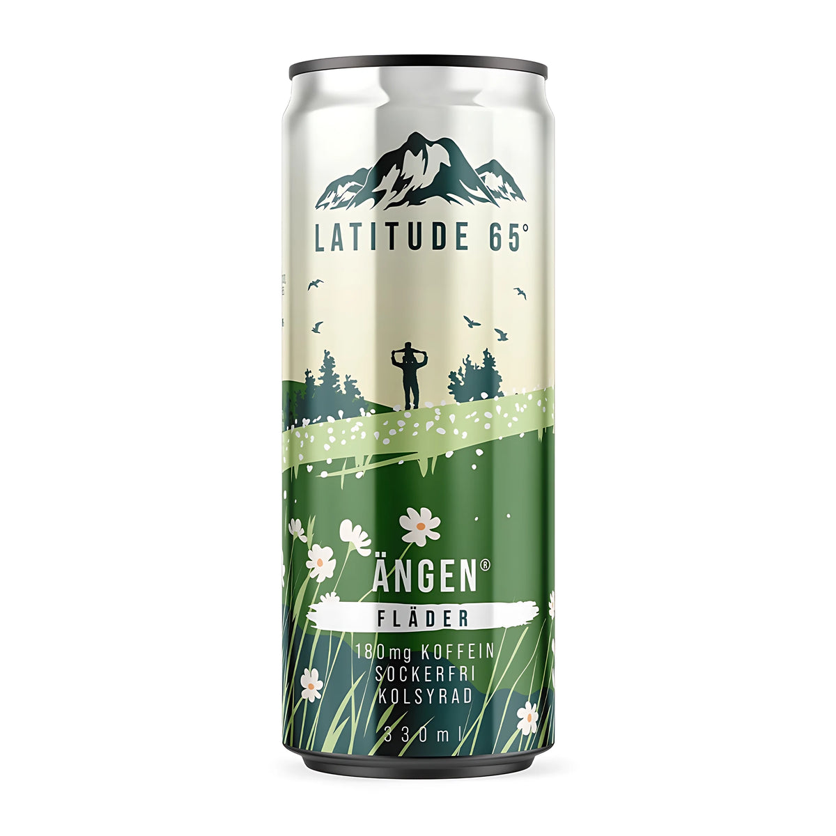 Latitude 65 330 ml -energiajuoma vihreässä ja valkoisessa tölkissä kukkakuviolla maulle Ängen Fläder., kuva 8/20