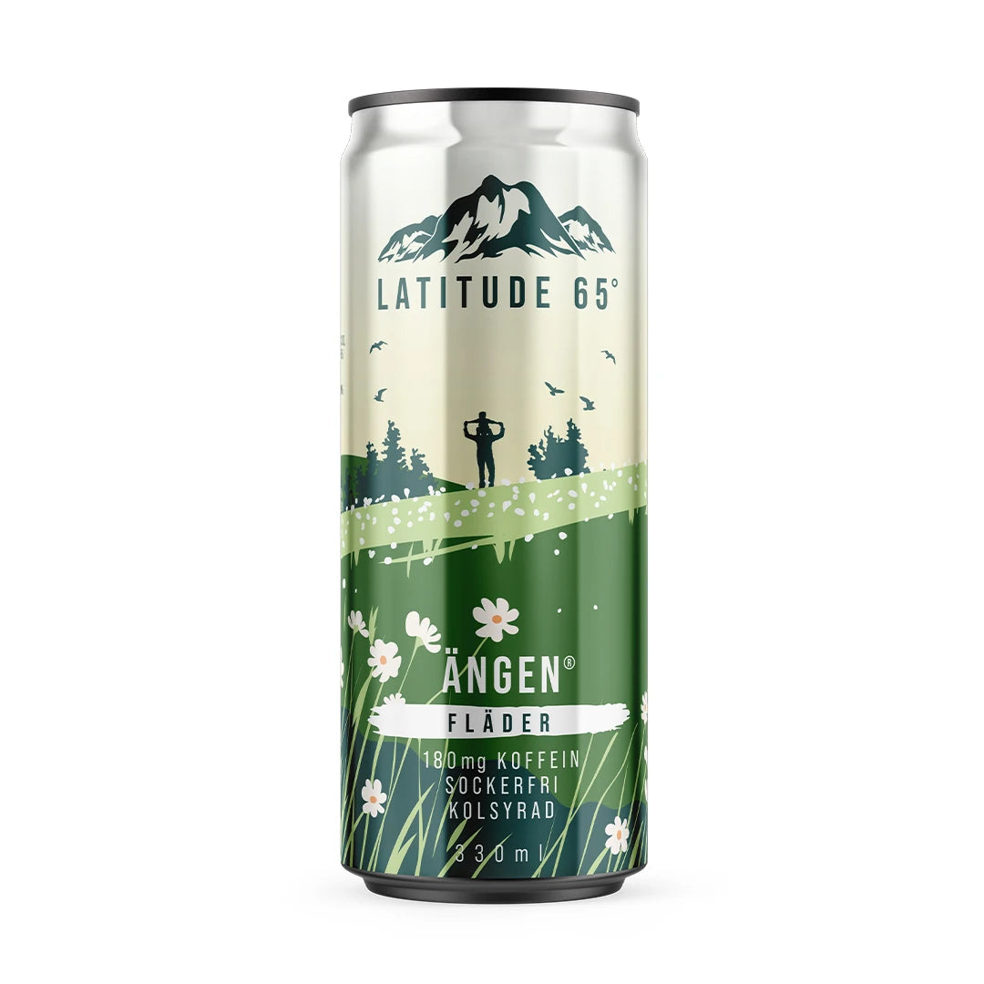 Latitude 65 330 ml hiilihapotettu juoma hopeanvihreässä tölkissä niittykuviolla, makuna Ängen Fläder., kuva 13/20