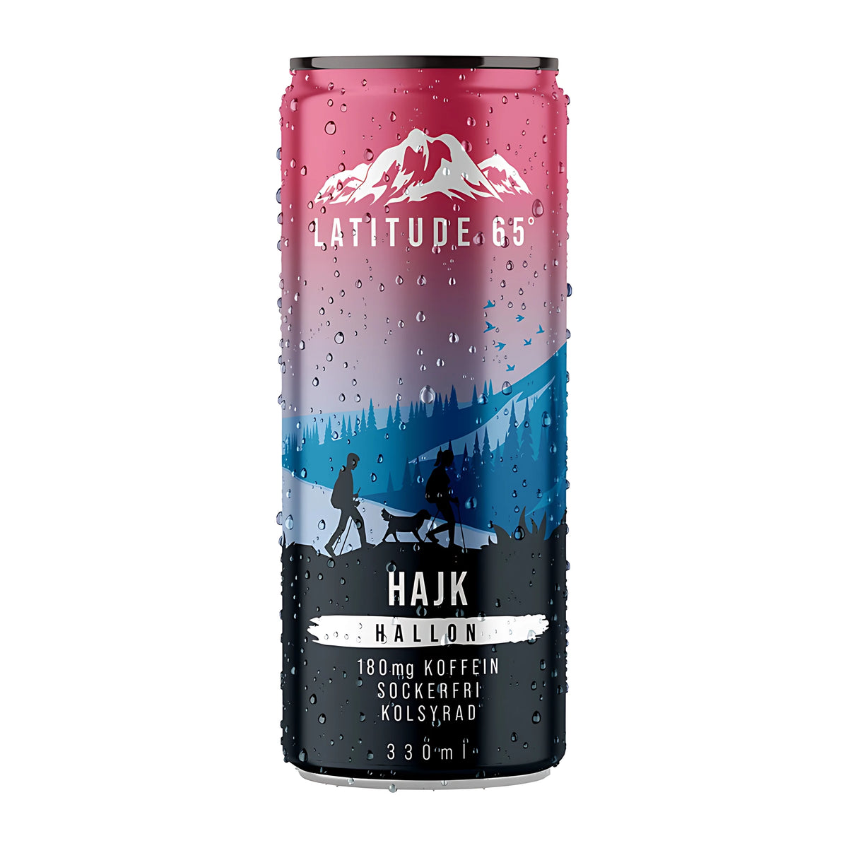 Latitude 65 330 ml -hiilihapotettu energiajuoma vaaleanpunaisessa ja mustassa tölkissä vesipisaroilla, makuna Hajk Hallon., kuva 12/20