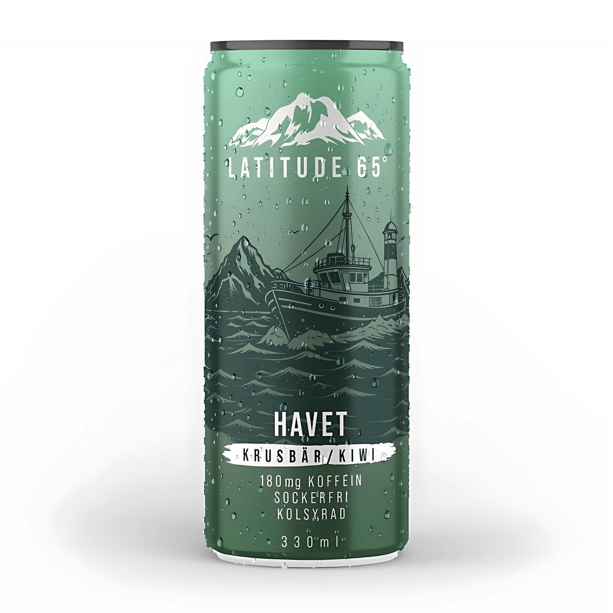 Latitude 65 330 ml sokeriton ja hiilihapotettu juoma vihreässä tölkissä vesipisaroilla, makuna Havet Krusbär Kiwi., kuva 16/20