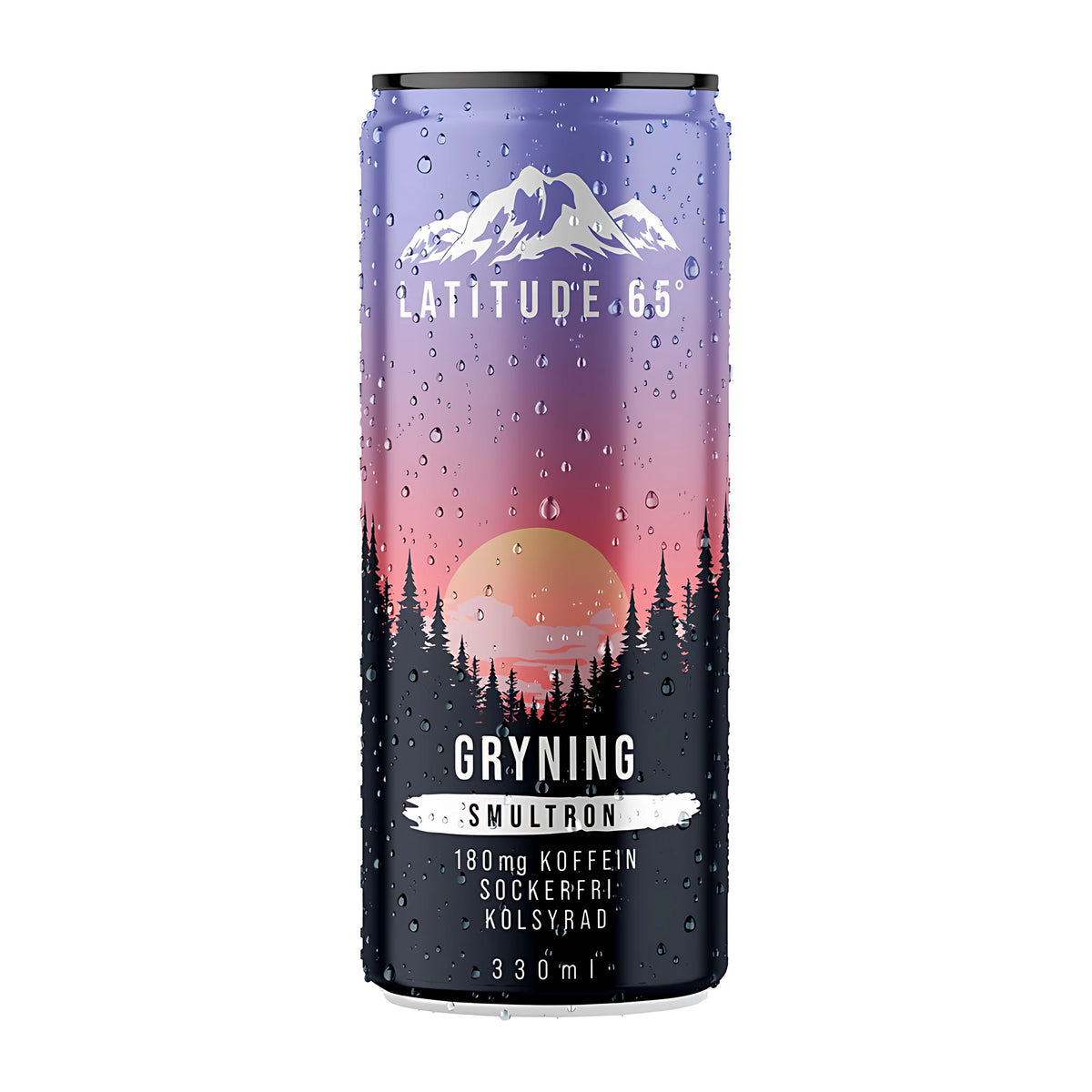 Latitude 65 330 ml -hiilihapotettu juoma liilassa ja mustassa tölkissä vesipisaroilla, makuna Gryning Smultron., kuva 17/20
