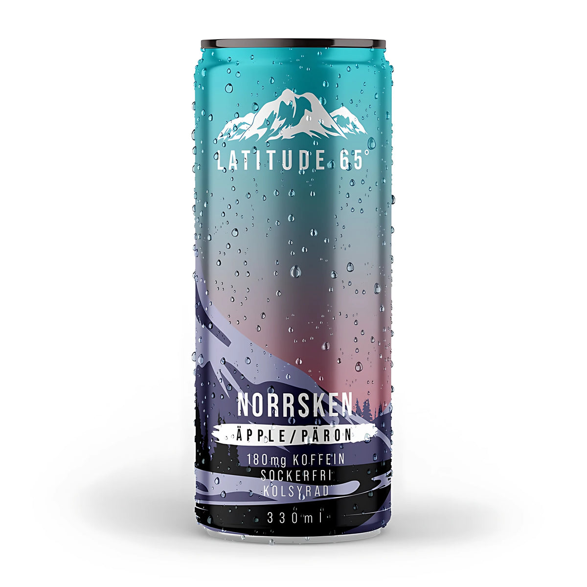 Latitude 65 330 ml -hiilihapotettu juoma pisaraisessa tölkissä turkoosilla ja liilalla vuoristokuviolla, makuna Norrsken Äpple Päron., kuva 14/20