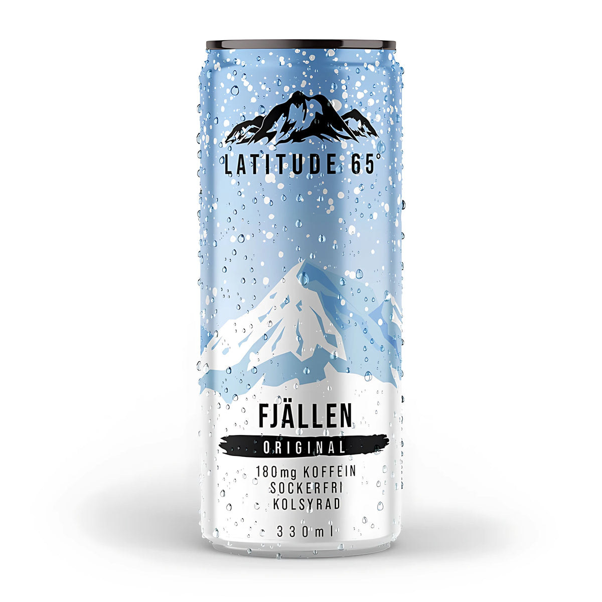 Latitude 65 330 ml -hiilihapotettu energiajuoma vaaleansinisessä ja valkoisessa tölkissä tunturikuviolla, makuna Fjällen Original.