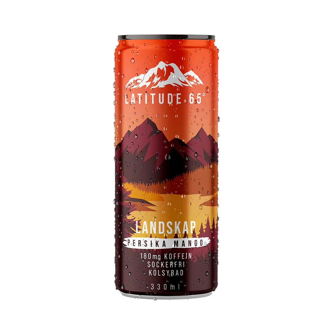 Latitude 65 330 ml hiilihapotettu juoma oranssissa maisemakuvioidussa tölkissä vesipisaroilla, makuna persikka-mango., kuva 15/20