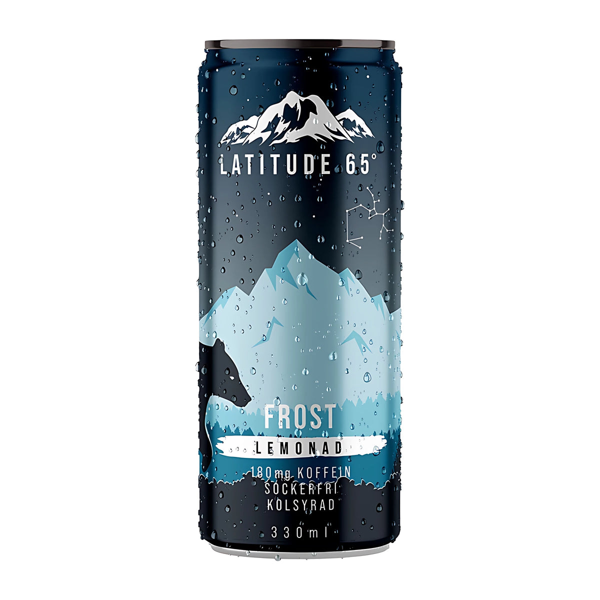 Latitude 65 330 ml -hiilihapotettu energiajuoma tummansinisessä tölkissä, jossa on lumihuippuisten vuorten kuvitus, makuna Frost Lemonad.