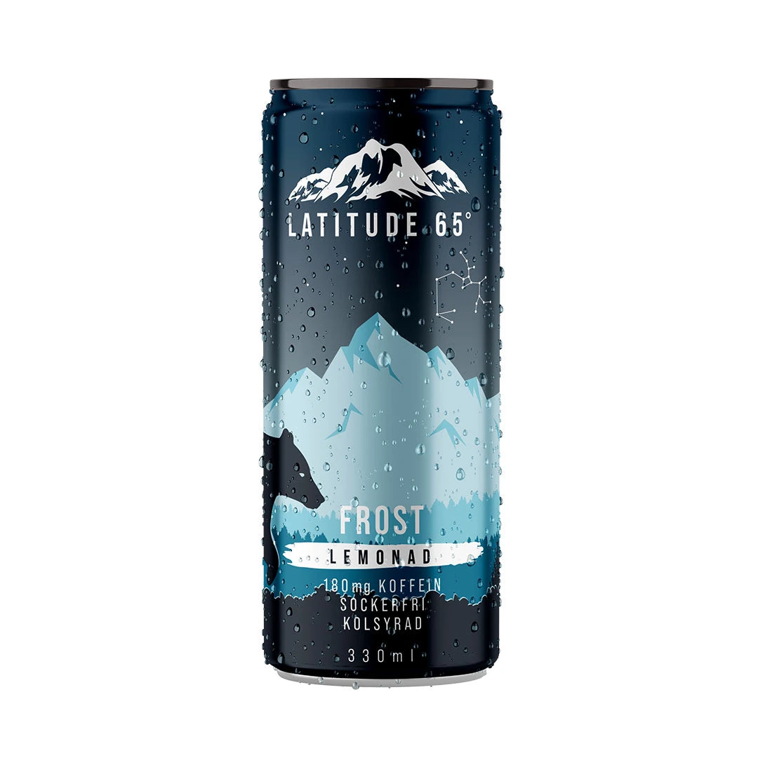 Latitude 65 330 ml -hiilihapotettu juoma tummansinisessä tölkissä vesipisaroilla ja tunturimaisemalla, makuna Lemonad., kuva 16/20