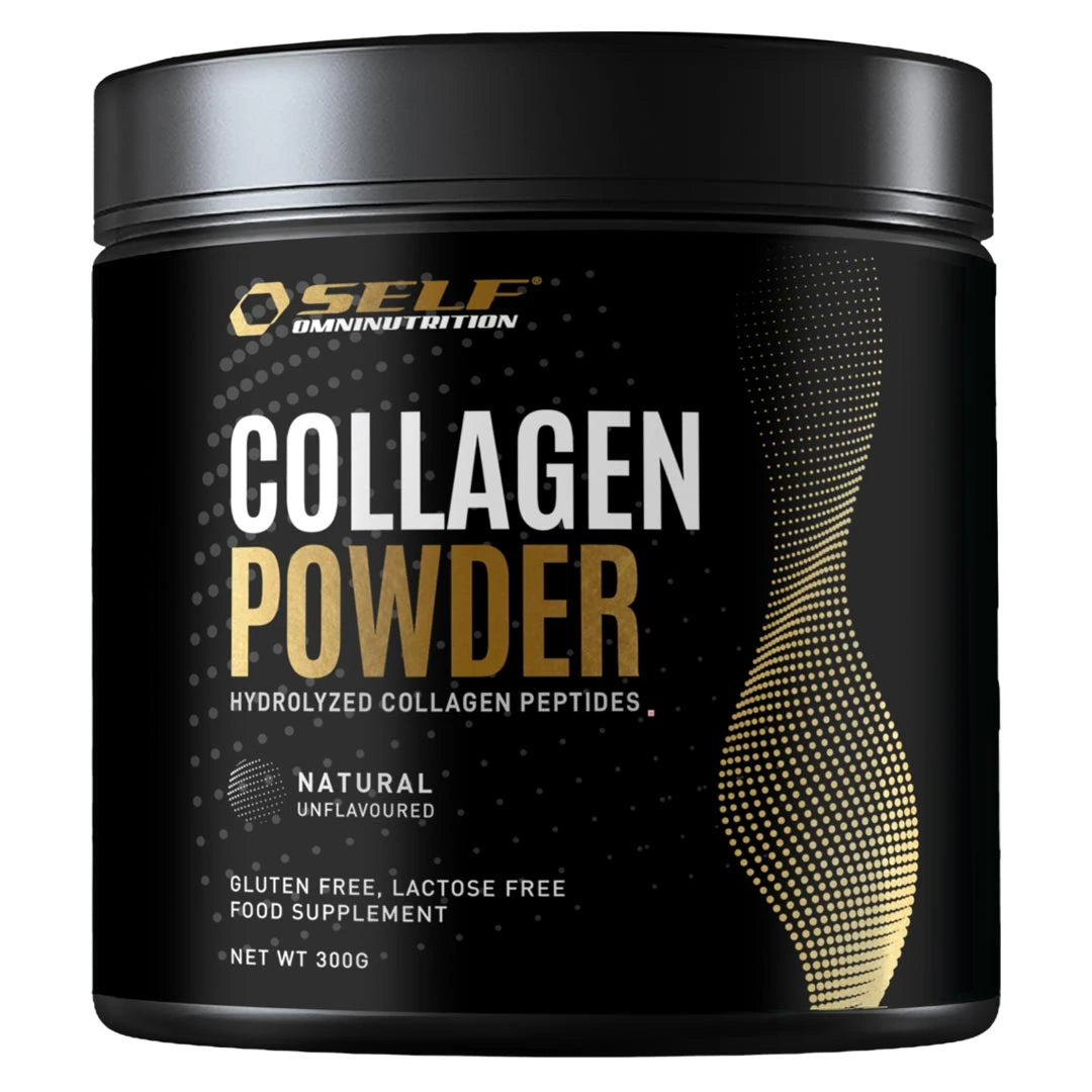 Musta purkki Self Omninutrition Collagen Powder 300 g -hydrolysoitua kollageenijauhetta kulta-valkoisella tekstillä.