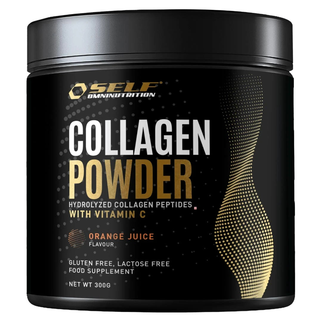 Self Omninutrition Collagen Powder + Vit C 300 g pakattuna mustaan purkkiin kultaisilla yksityiskohdilla ja appelsiinin maulla.