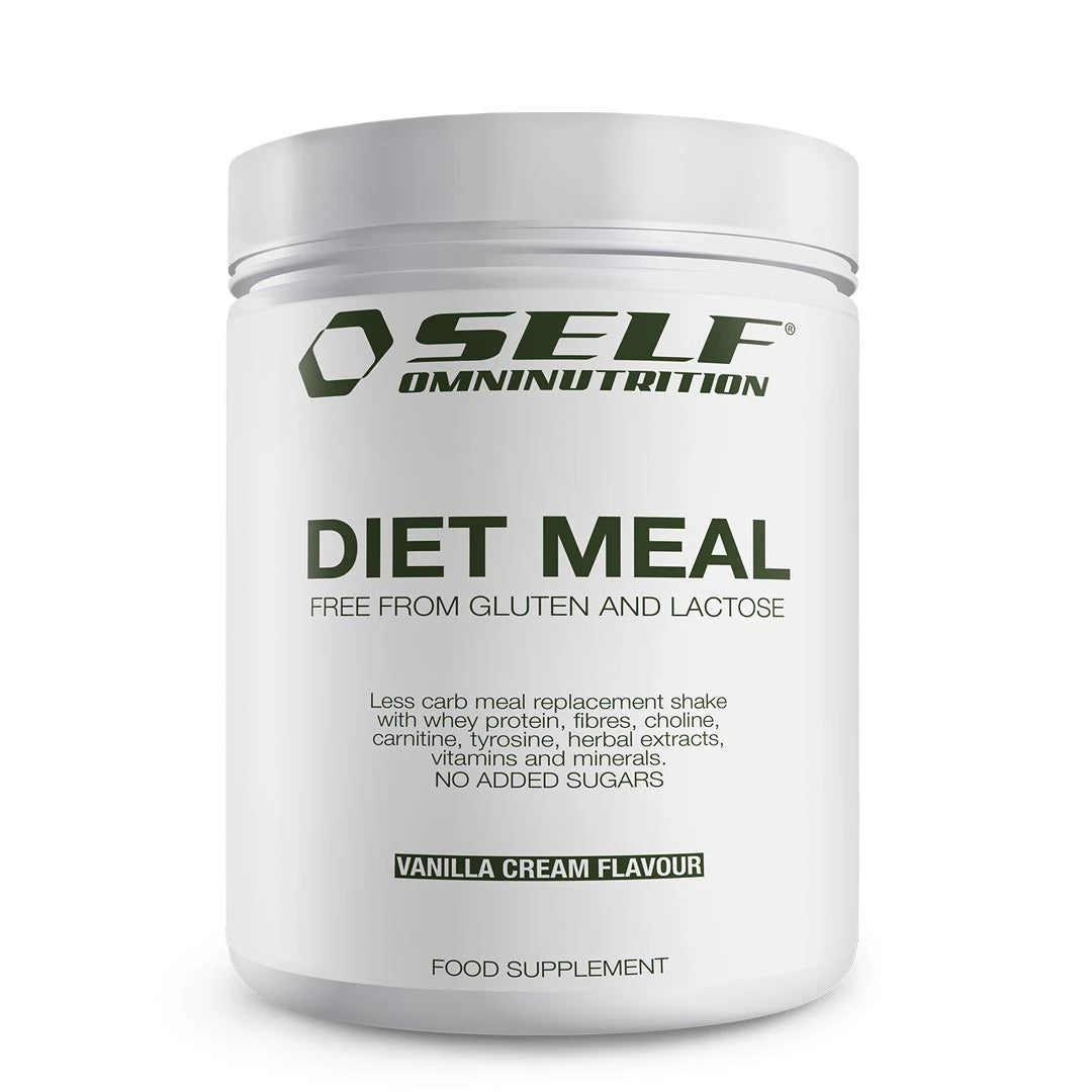 Valkoinen purkki Self Omninutrition Diet meal 500 g -ateriankorvikejauhetta makuna Vanilla Cream.