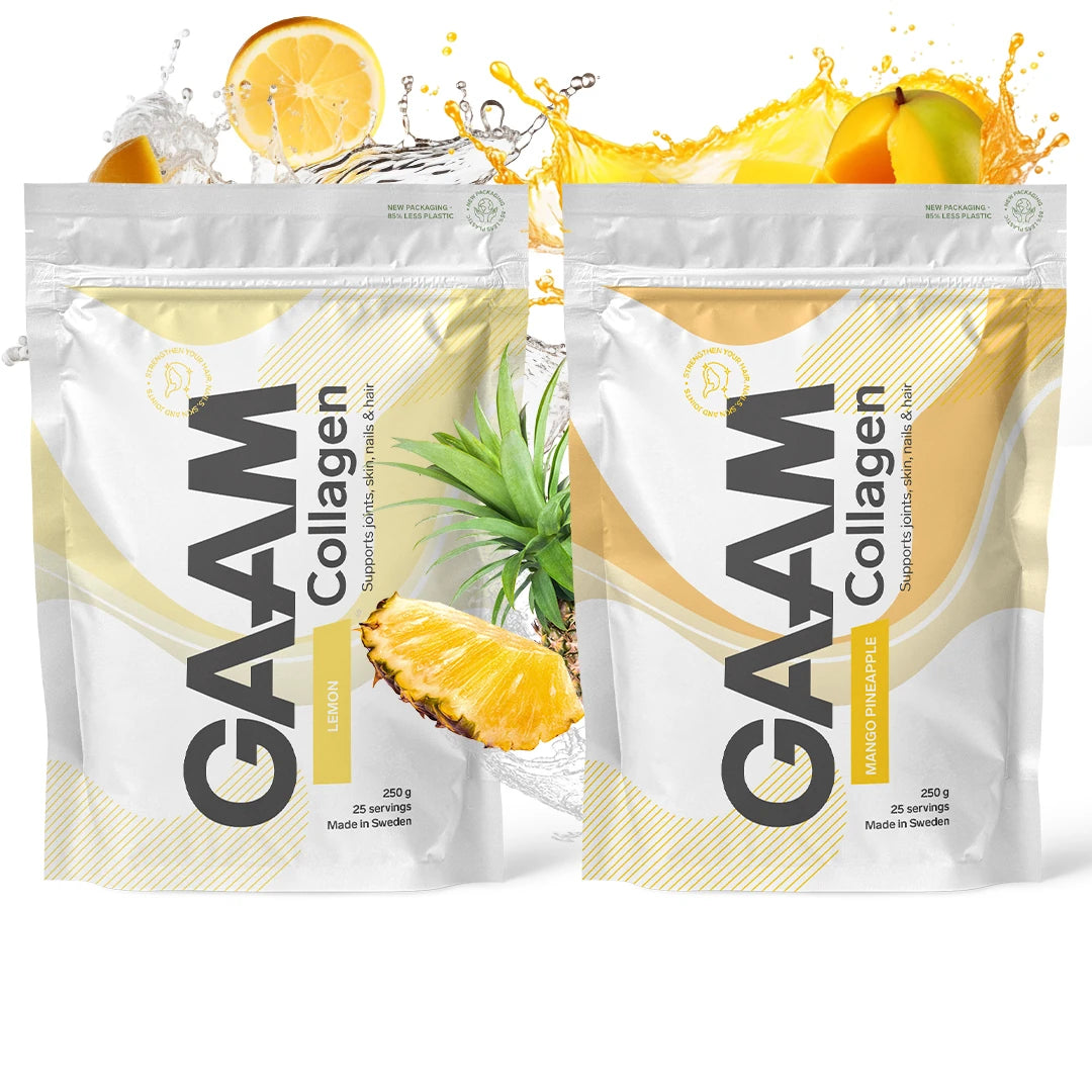 2 x GAAM Collagen 250 g valkoisissa pusseissa keltaisilla yksityiskohdilla, makuina Lemon ja Mango Pineapple.