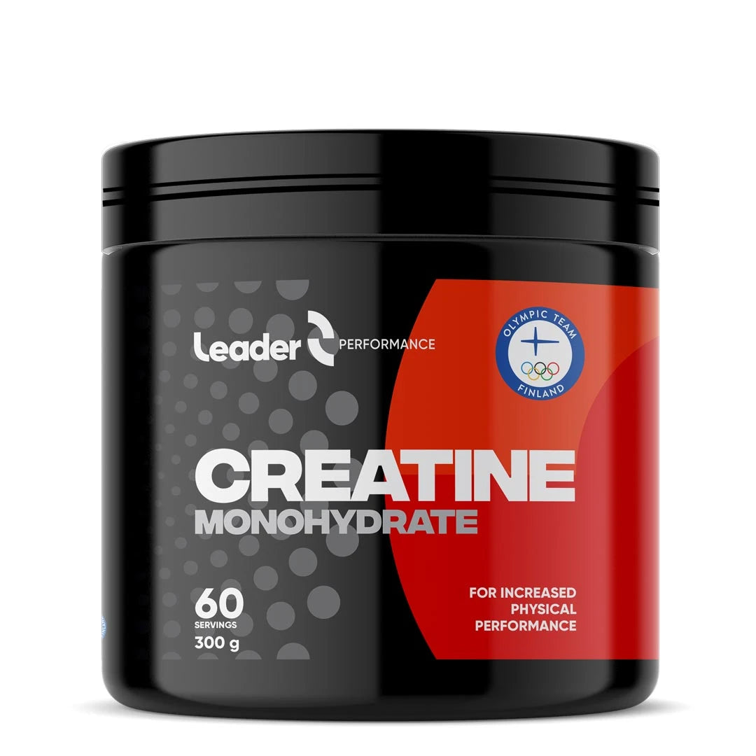 Leader Performance Creatine monohydrate 300 g mustassa purkissa, jossa on punainen ja musta etiketti.