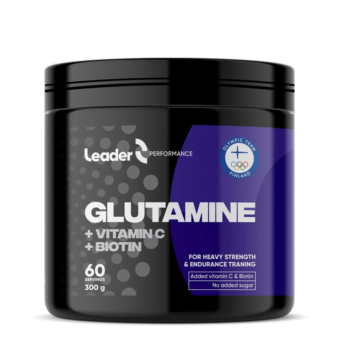 Leader Performance Glutamin + C + Biotin 300 g -aminosyrajauhe mustassa purkissa liiloilla yksityiskohdilla.