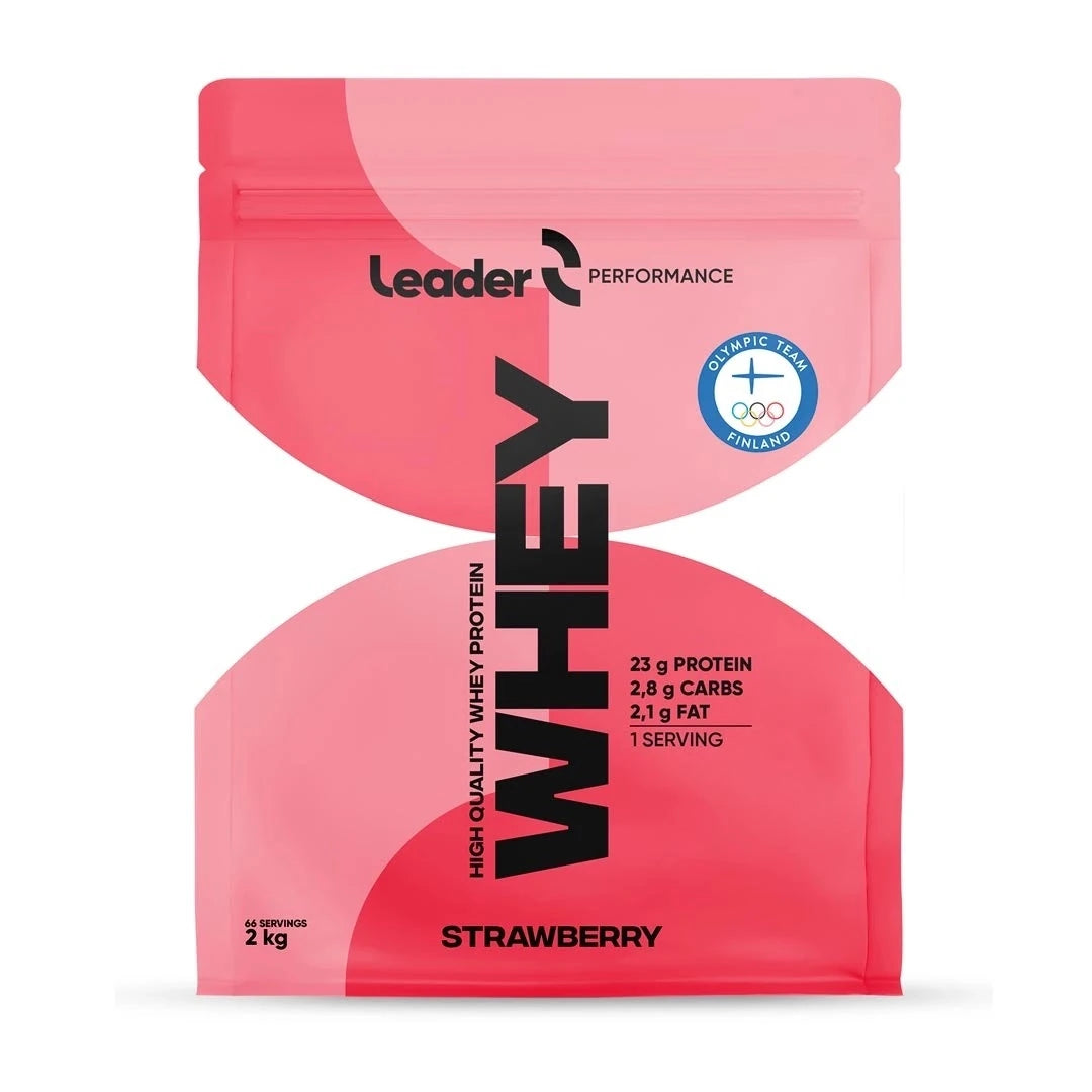 Leader 2 kg -proteiinijauhe vaaleanpunaisessa pussissa, makuna Strawberry.