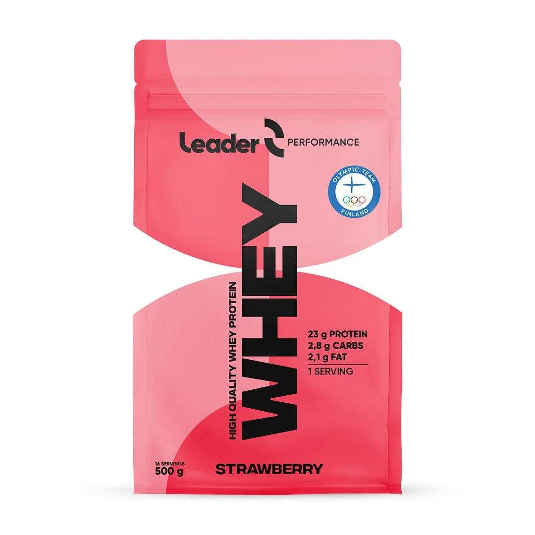Leader Performance Whey Protein 500 g -proteiinijauhe vaaleanpunaisessa pussissa mustilla yksityiskohdilla., kuva 1/2