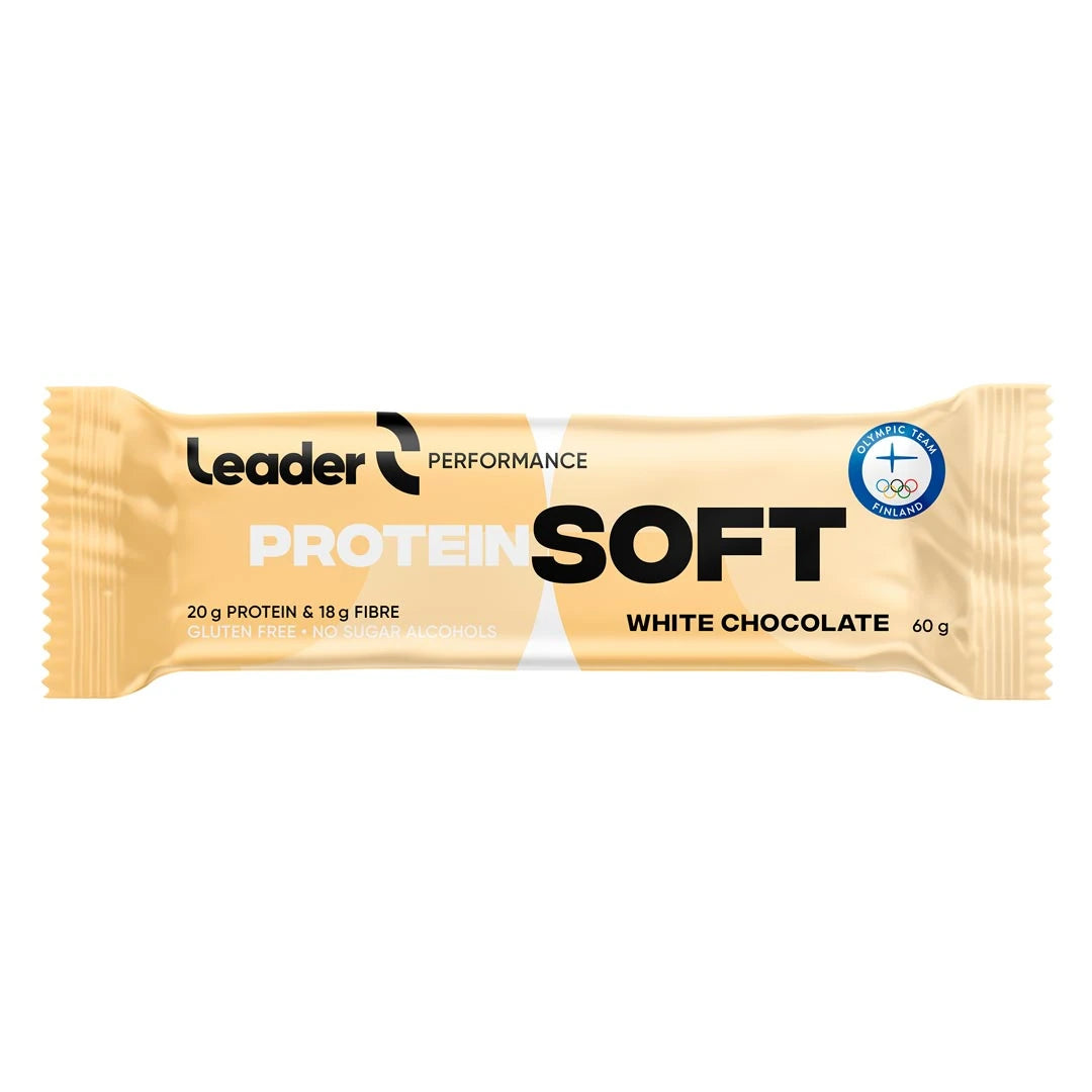 Leader Performance SoftBar 60 g -proteiinipatukka vaaleankeltaisessa pakkauksessa, makuna White Chocolate.