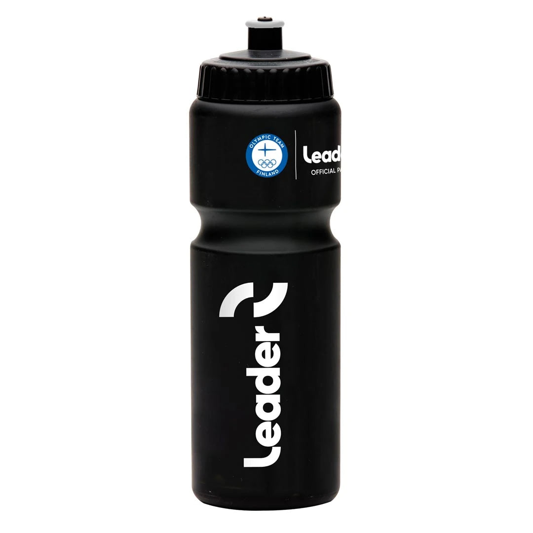 Musta Leader Olympic Team Drinking Bottle 750 ml -urheilupullo klassisella muotoilulla.