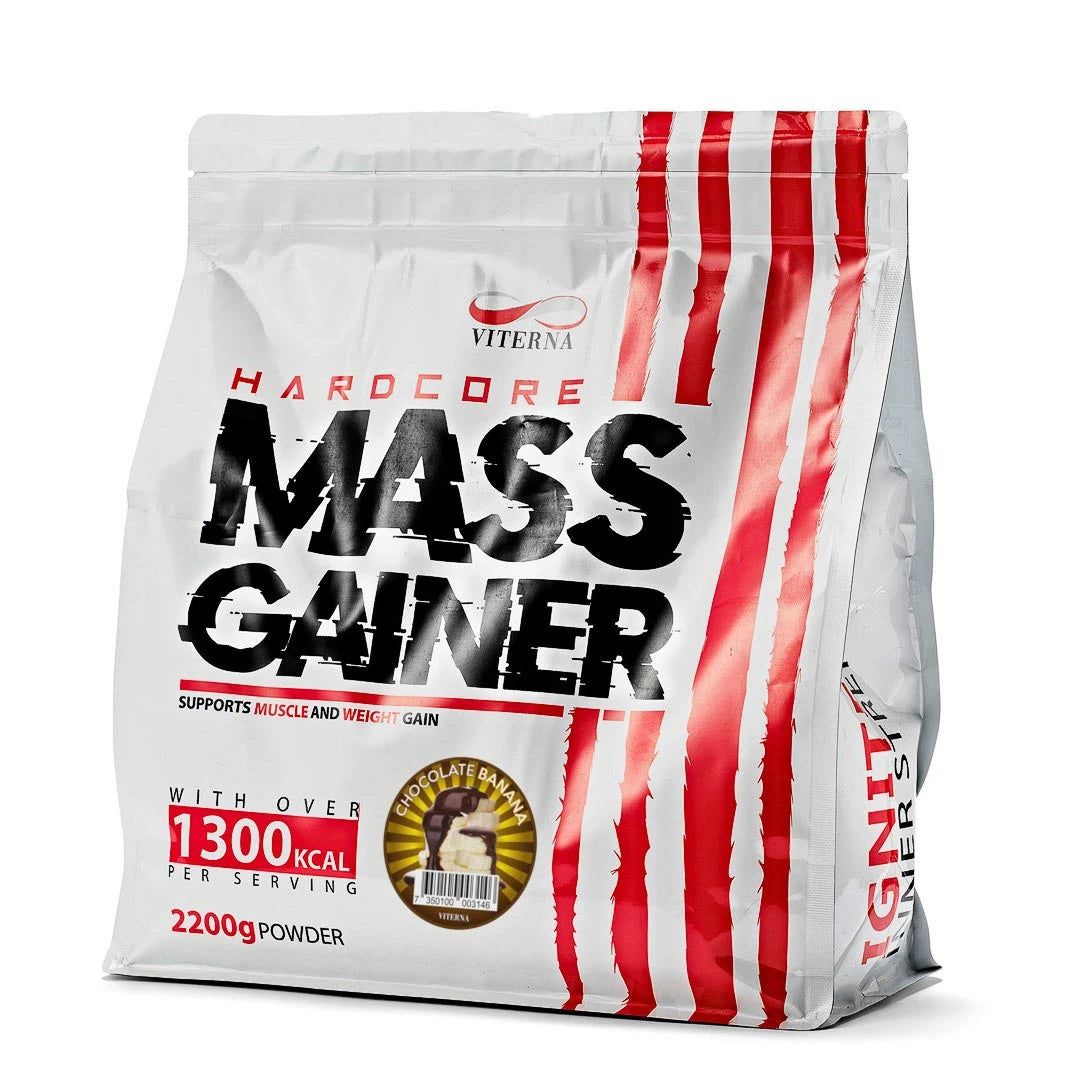 Viterna Hardcore Mass Gainer 2.2 kg gainer-jauhe valkoisessa pussissa punaisilla raidoilla, makuna suklaa-banaani.