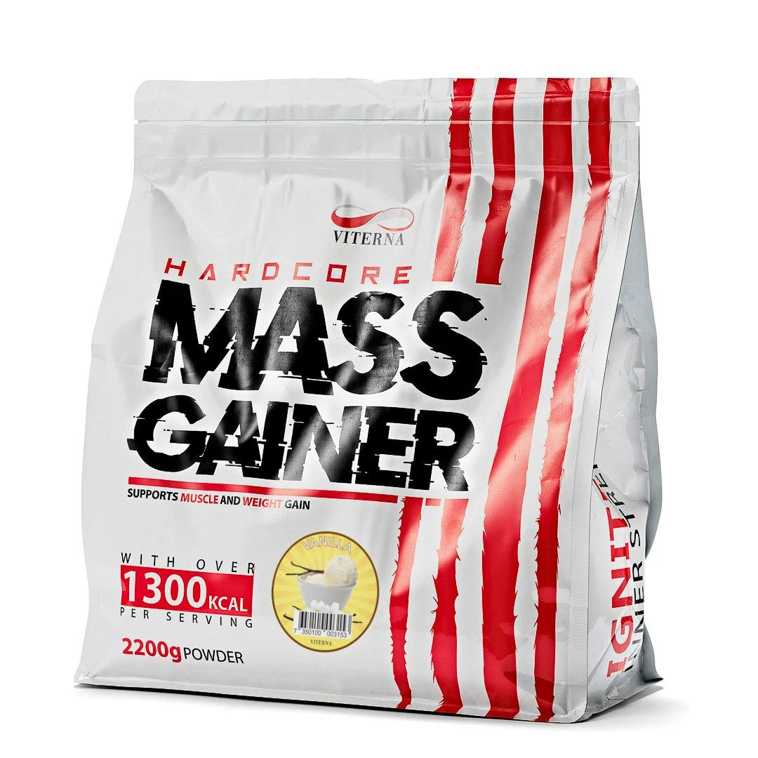 Viterna Hardcore Mass Gainer 2.2 kg valkoisessa pussissa punaisilla raidoilla, makuna Vanilla., kuva 3/4
