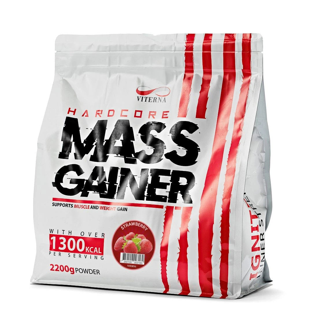 Viterna Hardcore Mass Gainer 2.2 kg -jauhe valkoisessa pussissa punaisilla yksityiskohdilla, makuna Strawberry.
