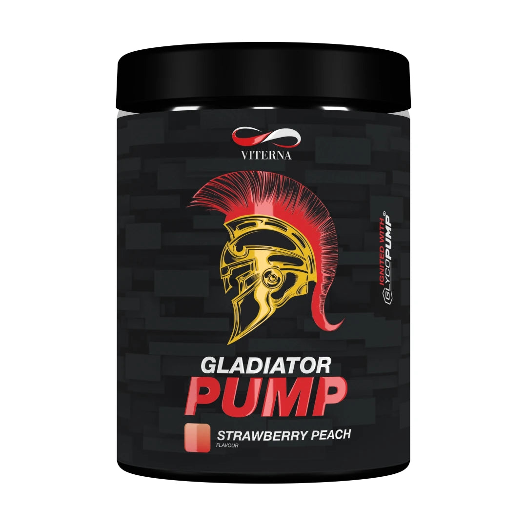 Viterna Gladiator Pump 440 g kofeiiniton pre-workout mustassa, kulta-punaisessa purkissa, makuna Strawberry Peach.