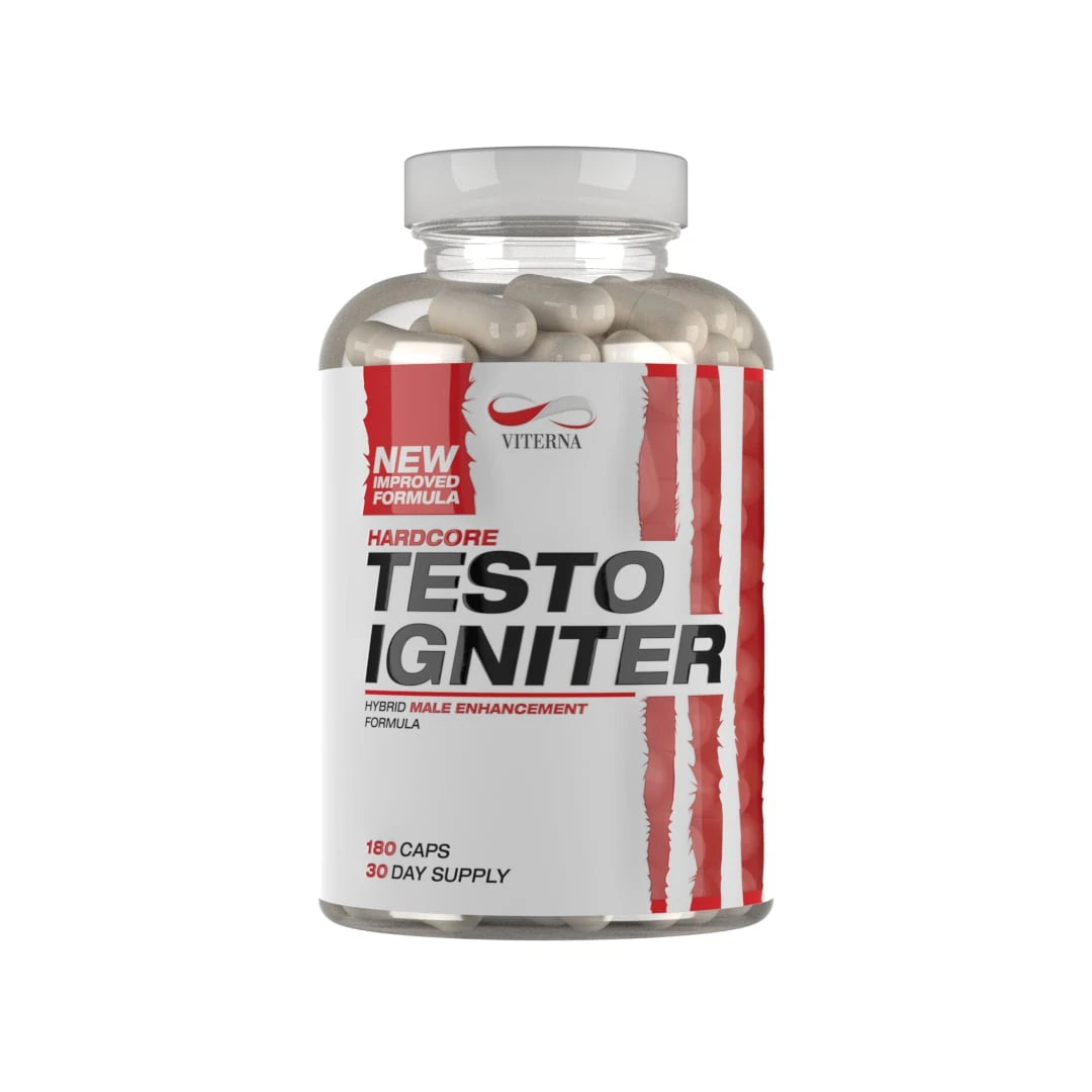 Viterna Hardcore Testo Igniter 180 caps läpinäkyvässä purkissa, jossa on valkoinen ja punainen etiketti.