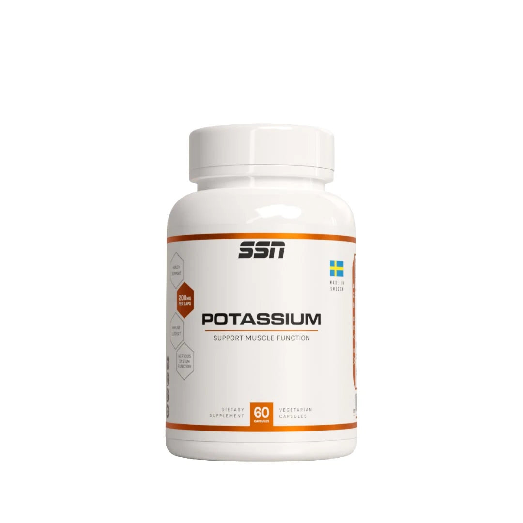 SSN Potassium 60 caps -kaliumravintolisä valkoisessa purkissa oransseilla yksityiskohdilla.