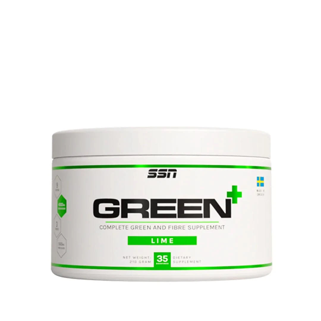 SSN Green+ 210 g -viherjauhesekoitus valkoisessa purkissa vihreillä ja mustilla yksityiskohdilla, makuna lime.