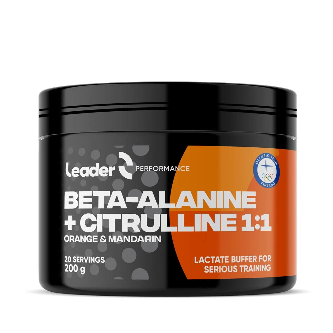 Musta purkki Leader Performance Beta-Alanine-Citrulline 200 g -tehonlisääjäjauhetta oranssilla etiketillä.
