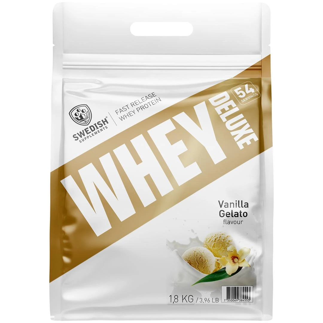 Swedish Supplements Whey Protein Deluxe 1,8 kg -heraproteiinijauhe valkoisessa pussissa kultaisin yksityiskohdin, makuna Vanilla Gelato., kuva 3/3