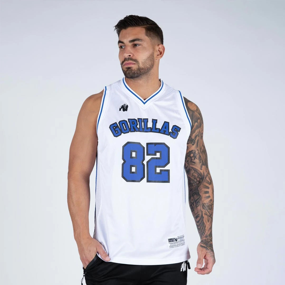Gorilla Wear San Mateo Jersey Tank Top white/blue on valkoinen mesh-treenitoppi sinisillä yksityiskohdilla., kuva 4/4
