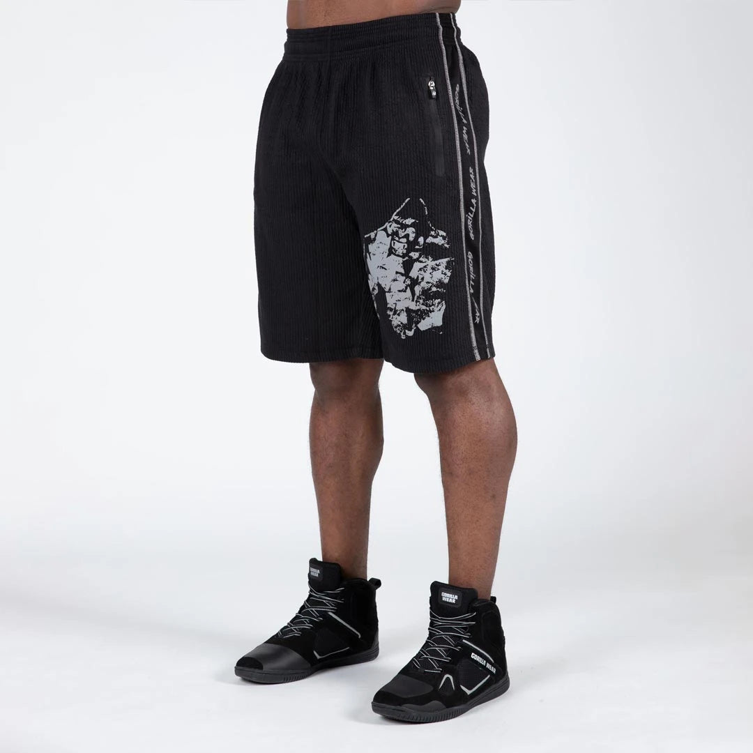 Gorilla Wear Buffalo Old School Workout Shorts black/grey, mustat ribatut oversize-treenishortsit isolla harmaalla logolla., kuva 4/4