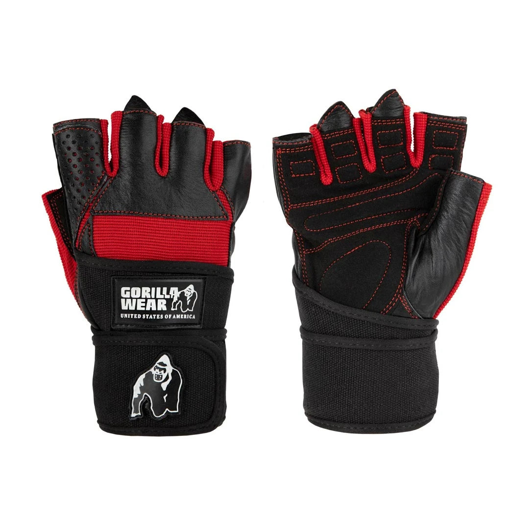 Mustat ja punaiset Gorilla Wear Dallas Wrist Wraps Gloves -treenihanskat rannetuilla raskaisiin nostoihin.