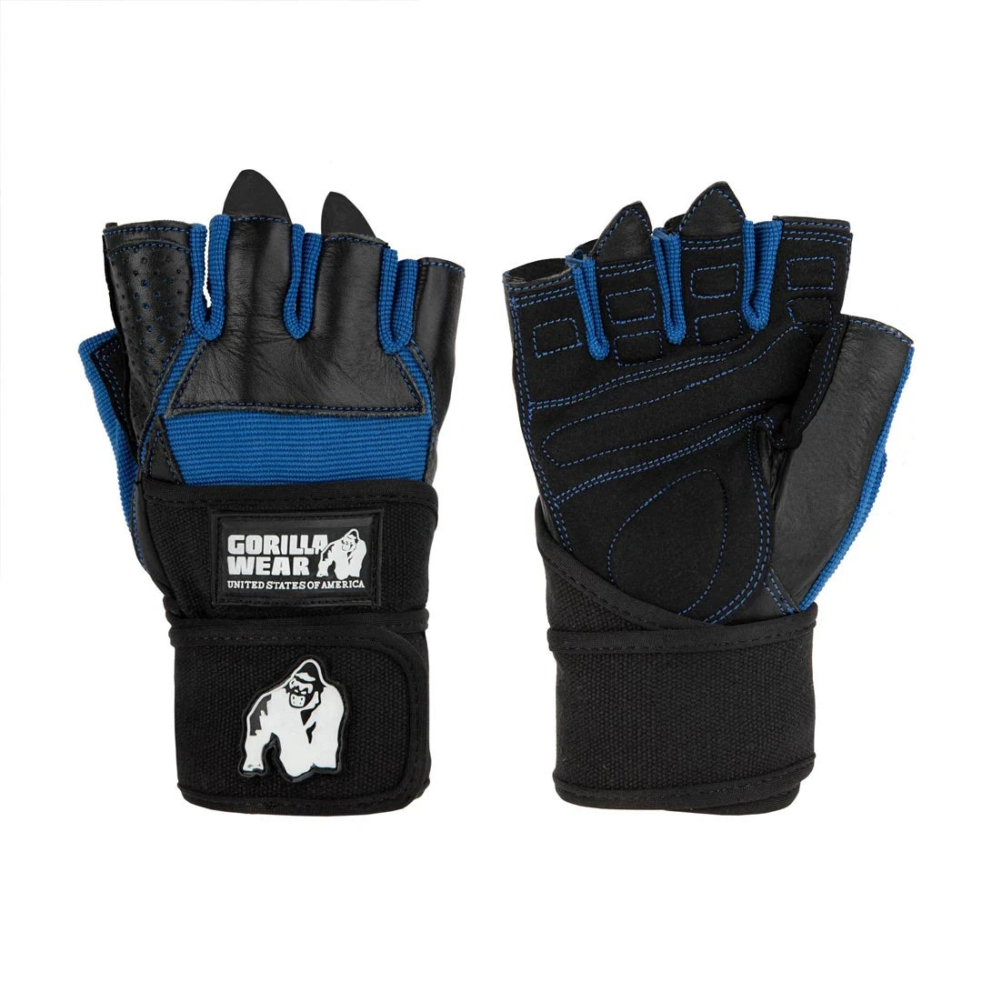 Nahkaiset Gorilla Wear Dallas Wrist Wraps Gloves black/blue -treenihanskat rannetuella ja verkkoyksityiskohdilla.