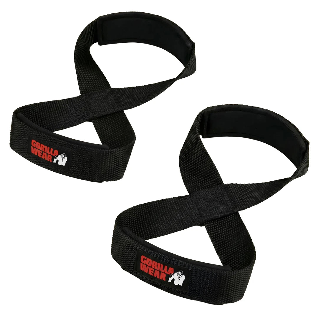 Gorilla Wear Figure 8 Lifting Straps black ovat mustat puuvilla- ja polyesterivetoremmit punavalkoisella logolla.
