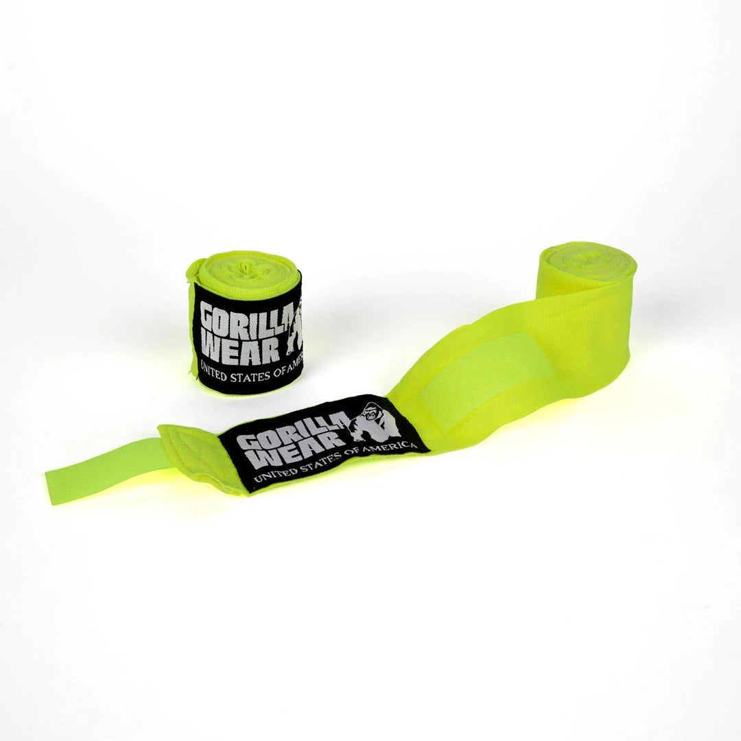 Gorilla Wear Boxing Hand Wraps yellow 2.5 -nyrkkeilysiteet joustavaa keltaista puuvillaa mustilla yksityiskohdilla.